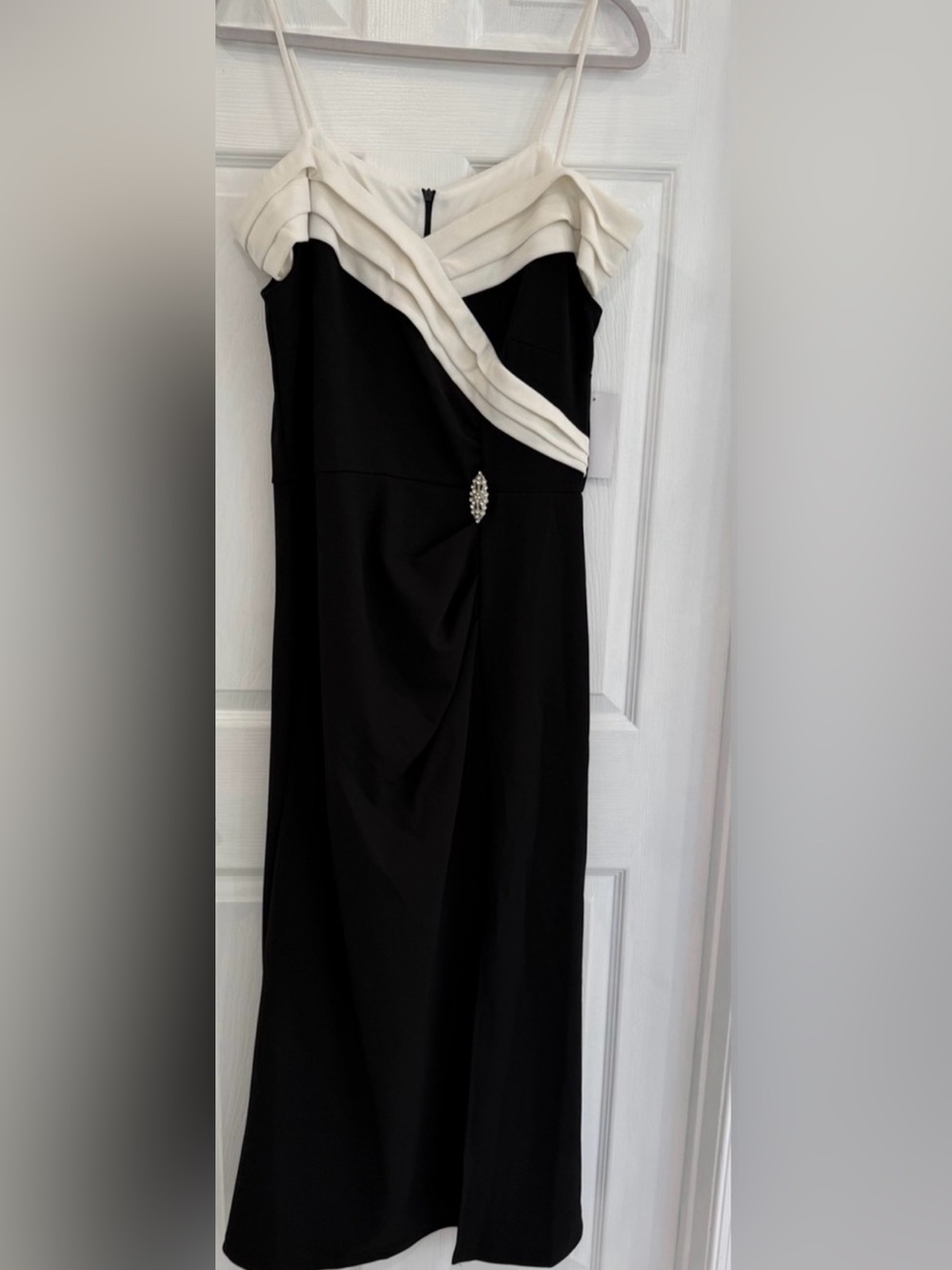 Enfocus Studio Black and white Draped Maxi Dress with Rhinestone Accent